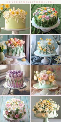 many different cakes with flowers on them are shown in this collage, and the cake has been made from fondant