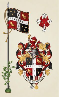 a coat of arms and two flags on a pole