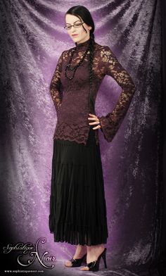 Goth Secretary, Purple Goth Outfits, Goth Office, Alternative Fashion Outfits, Purple Goth, Strega Fashion, Stretch Lace Top, 00s Style, Skirt Inspiration