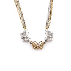 "This is an adorable necklace, it is crafted from 14k yellow and white gold in a polished finish. The pendant features 3 butterflies, the center in yellow gold and other two in white gold, it is attached to a 4 strand classic link chain, 2 in white gold and 2 in yellwo gold, they are joined to a lobster clasp. It is hallmarked 14k BK Material: 14k yellow and white gold Diamonds: 0.50 total carat weight Color: H-I Clarity: VS1 Measurements: Chain is: 17\" long w/pendant Pendant: 1.47\" long x 0.3 3 Butterflies, Multi Chain Necklace, Gold Band Ring, White Gold Band, Butterfly Pendant, Vintage Diamond, Gold Bands, White Gold Diamonds, Link Chain