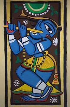 a painting on the wall of a building with a blue and yellow figure holding a pipe