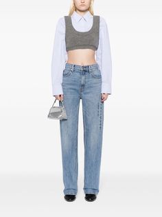 Alexander Wang logo-embossed straight-leg Jeans - Farfetch Sporty Straight Leg Denim Jeans, Sporty Straight Leg Denim Blue Jeans, Sporty Blue Straight Leg Jeans, Luxury Washed Blue Rigid Denim Bottoms, Luxury Washed Denim Blue Top, Luxury Washed Blue Cotton Jeans, Alexander Wang Jeans, Alexander Wang Denim, Alexander Wang Denim Shorts