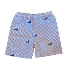 Blue and white striped seersucker shorts with navy embroidered Nantucket. Elastic waist, back pocket. Playful Cotton Swim Trunks With Built-in Shorts, Playful Striped Shorts For Summer, Playful Striped Summer Shorts, Preppy Cotton Beach Shorts, Preppy Cotton Shorts For Beach, Preppy Cotton Shorts For The Beach, Playful Striped Bottoms For Summer, Spring Cotton Swim Trunks For Playwear, Cotton Swim Trunks For Summer Playwear