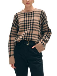 Plaid Sweater Crewneck Long Sleeves Oversized Fit 100% Cashmere Style#: 20997 Camel Sweater For Workwear In Fall, Camel Tops For Workwear In Fall, Knit Checkered Sweater, Cozy Plaid Long Sleeve Sweater, Cozy Long Sleeve Argyle Sweater, Brown Argyle Long Sleeve Sweater, Black Argyle Pattern Crew Neck Sweater, Plaid Sweater, Sweaters Crewneck