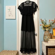 Nwt Happy X Nature Kate Hudson Illusion Mesh Lace Maxi Dress New York & Company X Kate Hudson Collab Mesh Lace Boho Style Dress Pit-To-Pit: 16.5" Length: 60" Length Of Slip: 34" B4 Black Mesh Dress With Sheer Bodice For Spring, Summer Black Mesh Dress With Sheer Bodice, Black Mesh Maxi Dress For Spring, Chic Black Maxi Dress With Mesh Sleeves, Black Maxi Dress With Sheer Bodice For Summer, Chic Black Mesh Maxi Dress, Black Maxi Dress With Lace Patchwork For Summer, Black Mesh Short Sleeve Dress, Black Lace Patchwork Maxi Dress For Summer