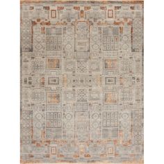 an area rug with squares and rectangles in grey, orange and beige colors