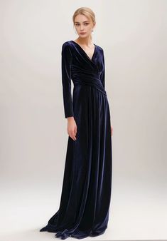 Sexy Long sleeves V-Neck tilting ruched waist wrap Velvet Dress �– SelenaHuanStudio Luxury Robes, Velvet Prom Dress, Dress Drape, Mini Wedding, Bride Accessories, Stunning Gowns, Satin Prom Dress, Gowns Of Elegance, Little White Dresses