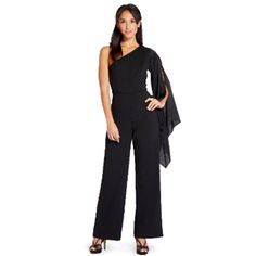 Adrianna Papell Jumpsuit Crepe One Shoulder Long Split Sleeve Wide Leg Black Style # Ap1e206638 Color: Black Size: Us 12 Description: One Look. One Piece. One Night To Remember. You Know All Eyes Will Be On You The Minute You Rock This Daring Adrianna Papell Look, A Simple Jumpsuit With All The Focus On One Super-Dramatic Sleeve.. Details/Features: - Wide Leg - One-Shoulder Neckline - Hidden Side Zipper With Hook And Eye Closure - Long Split Draped Chiffon Sleeve - Fabric Has Stretch Materials & Chic Black Strapless Jumpsuit For Cocktail, Black One-shoulder Jumpsuit For Formal Occasions, Elegant Black One-shoulder Strapless Jumpsuit, Black One-shoulder Jumpsuits And Rompers For Formal Events, Black Strapless Jumpsuit For Evening, Elegant Black Strapless Jumpsuit, Elegant Black Overall Pantsuit, Chic Evening Pantsuit, Simple Jumpsuit