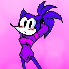 an image of a cartoon character with purple hair and blue eyes, wearing a purple outfit