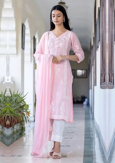 Pink Cotton Embroidered Chikankari Suit Set with Dupatta Shalwar Kameez Women, Peruvian Sweaters, Chikankari Suits, Salwar Dress, Casual Party Dresses, Indian Clothes, Indian Clothing, Shalwar Kameez, Suit Set