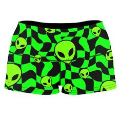 Green Aliens High-Waisted Women's Shorts, Sartoris Art, | iEDM Green Fitted Boxer Briefs, Green Fitted Short Boxer Briefs, Stretch Graphic Print Shorts, Fitted Green Boxer Briefs, Fitted Green Shorts For Streetwear, Green Short Bottoms With Graphic Print, Green Graphic Print Short Bottoms, Fitted Green Bottoms With Graphic Print, Short Green Bottoms With Graphic Print