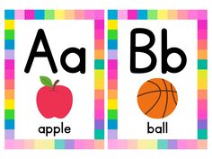 two cards with the words abc and b in front of an apple, basketball, and ball