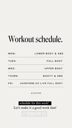 the workout schedule is displayed in black and white