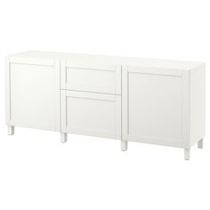 a white cabinet with three doors and two drawers