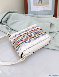 OrcaJump - Rainbow Womens Sling Mobile Phone Bag Crossbody Shoulder Bag Solid Color Straw Zipper Daily Going Out Casual White Crossbody Box Bag, Casual White Box Shoulder Bag, Casual White Box Bag With Removable Pouch, White Casual Box Bag With Adjustable Strap, Casual White Box Bag With Adjustable Strap, White Casual Box Bag For Errands, Casual White Box Bag For Errands, White Rectangular Bucket Bag With Zipper, White Rectangular Bucket Bag With Zipper Closure