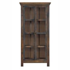 an old wooden cabinet with glass doors on the front and bottom shelves, isolated against a white background