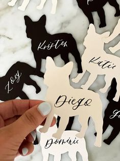 a person holding up some cut outs with dogs on them in different colors and sizes