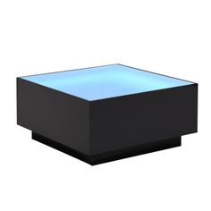 a black square table with a blue light on the top and bottom part, in front of a white background