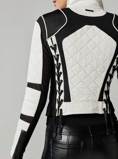 Moto Jacket Black and White Colorblock | Blanc Noir Online Store White And Black Leather Jacket, Futuristic Jacket, White Moto Jacket, Jacket Black And White, Wild Night, Moto Biker Jacket, Lambskin Leather Jacket, Women Lifestyle, Black & White