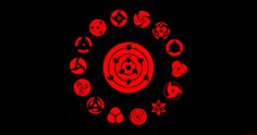 a circle with many different symbols in the center on a black background, there is a red symbol surrounded by smaller circles