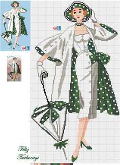 a cross stitch pattern for a woman wearing a green dress and hat