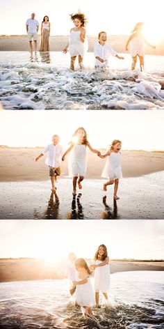 the family is playing in the water on the beach at sunset and then running into the ocean