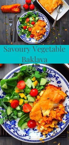 Savoury Vegetable Baklava made with Butternut Squash and Tomatoes  served with green salad Vegetarian Dinner Party, Butternut Squash Recipe, Dinner Party Dishes, Veggie Dinner