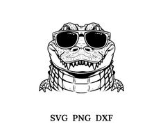 a black and white drawing of an alligator wearing sunglasses with the words svg png dxf