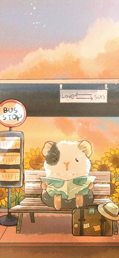 a painting of a hamster reading a book on a bench with sunflowers in the background