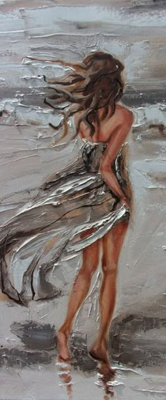 a painting of a woman walking on the beach with her hair blowing in the wind