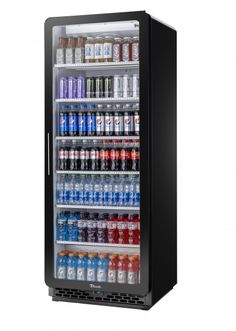 an open refrigerator filled with lots of drinks and sodas on top of it's doors