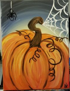 an acrylic painting of a pumpkin with spider on it