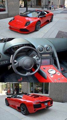 the inside and outside view of a red sports car, with its dashboard showing in three different views