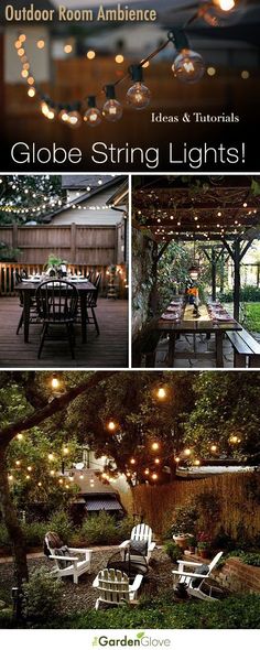 an outdoor room and patio with lights strung from the ceiling, chairs on the deck, table