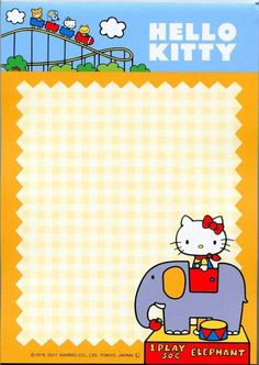 hello kitty is riding an elephant with a red bow on it's head and the word hello kitty written in large letters