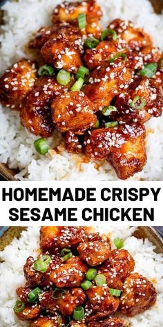 two pictures showing how to make homemade crispy sesame chicken