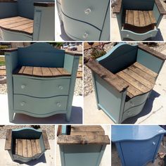 several different pictures of an old dresser turned into a bench