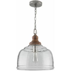 a clear glass light fixture with a wooden handle and metal chain hanging from the ceiling