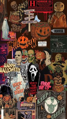 a collage of halloween stickers on a brown background with the words happy halloween