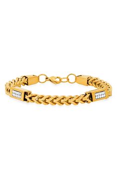 An 18k-gold plated stainless steel chain bracelet is finished off set simulated diamonds for a refined, elegant look. 18k-gold plated stainless steel, simulated diamond Imported Modern Gold Cubic Zirconia Chain Bracelet, Gold Chain Link Bracelet With Diamond Accents, Gold Tennis Bracelet With Cubic Zirconia Chain, Yellow Gold Stainless Steel Bracelet With Box Chain, Gold Diamond Bracelet With Metal Accents, Gold Stainless Steel Jewelry With Diamond Accents, Gold Diamond Bracelet With Diamond Accents, Gold Cuban Link Chain Bracelet With Cubic Zirconia, Modern Gold Chain Bracelet With Diamonds