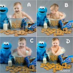 a baby sitting in a tub surrounded by cookies and milk