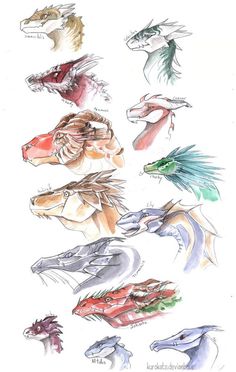 several different types of dragon heads in various colors