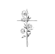 a cross with flowers and leaves on the side, drawn in black ink by hand