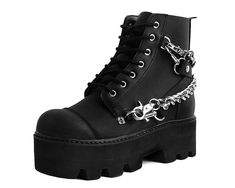 Normal is boring. Add some height to your day in these rad boots, featuring a cool, dino lug platform sole. Features a vegan friendly, black faux leather upper with a 7-eye lace-up closure. Has 4 removeable straps for some extra attitude. Has a sole height that is approximately 2 ¼” at the heel and 1 7/8” in the front. Has removable memory foam padding for added comfort. Botas Grunge, Creeper Boots, Grunge Boots, Goth Boots, Normal Is Boring, Gothic Boots, Lug Boots, Punk Shoes, Dr Shoes