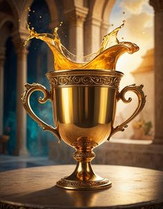 a golden cup with liquid splashing out of it