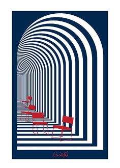 an image of a tunnel with red chairs in it and blue stripes on the wall