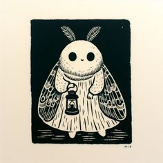 a black and white drawing of a moth holding a lantern