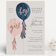 a pink and blue balloon baby shower party with the word boy on it's side