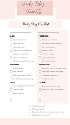 a pink and white checklist with the words daily blog checklist written on it