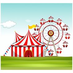 a circus tent with a ferris wheel in the background